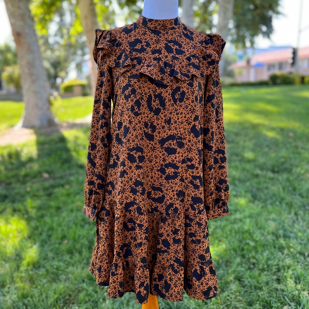 Topshop Womens Mini Dress Long Sleeve Ruffle Yoke High Neck Floral NWT